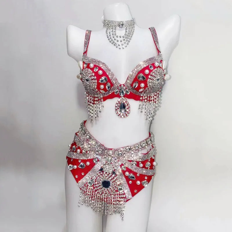Sparkly Rhinestone Beading Tassel Bikini Sexy Nightclub Stage Wear Fringe Bra High Waist Short DJ Rave Outfit Nightclub Costume