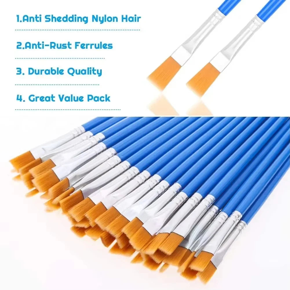 50Pcs Painting Brushes Set Art Round Flat Hair Nylon Hair Paint Brush for Oil Acrylic Watercolor Kids/Artists/Beginners/Student