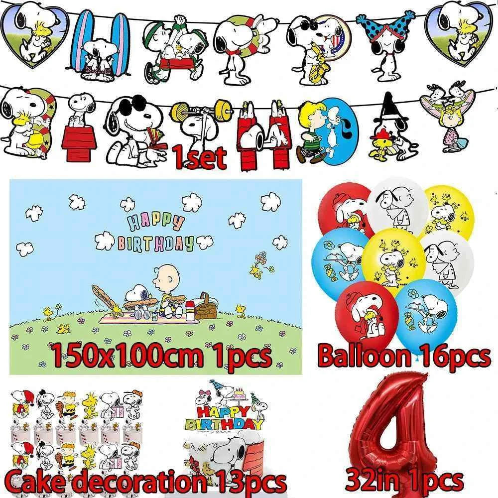 Cartoon Snoopys Birthday Decoration Set Banners Cake Toppers Balloons Backdrops Kids Birthday Gifts Baby Shower Party Supplies