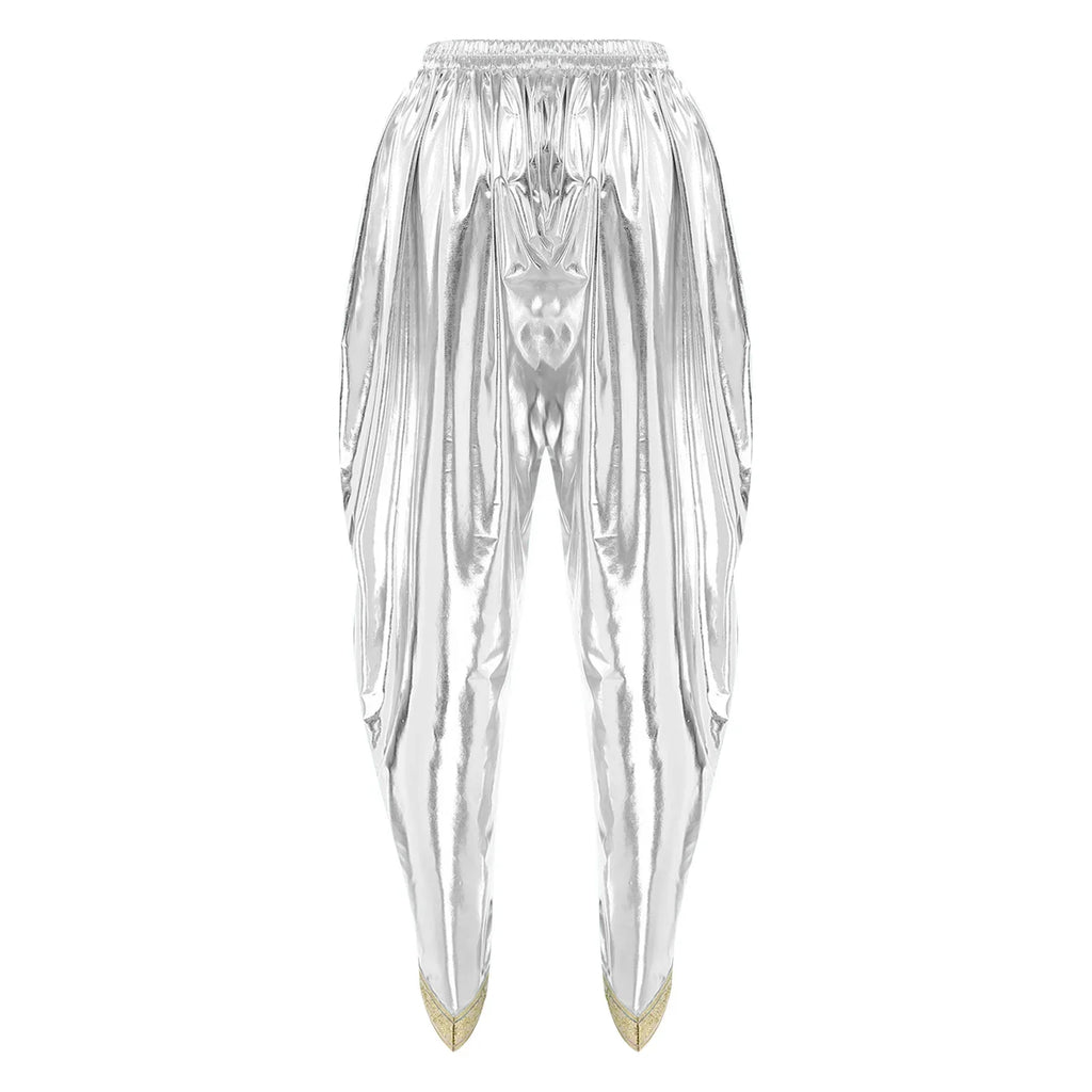 Men's Metallic Shiny Harem Dhoti Pants Gold Brocade Trim Prince Cosplay Costume