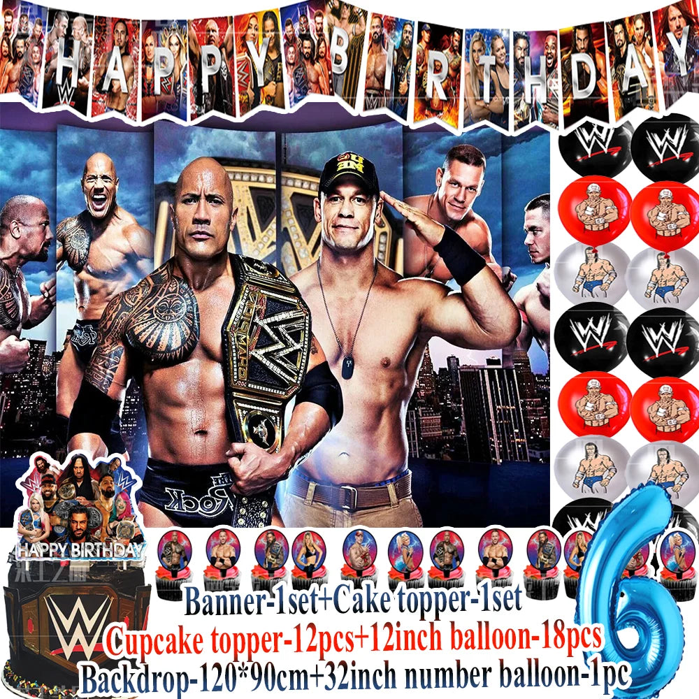 Sport-&Wrestling&Triathlon Boys Birthday Party Supplies Decor Boxing Match Balloon Cake Topper Banner Backdrop Baby Shower Props