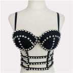 Studded Denim Bustier Crop Top Studded Punk Style Stage Costume Top