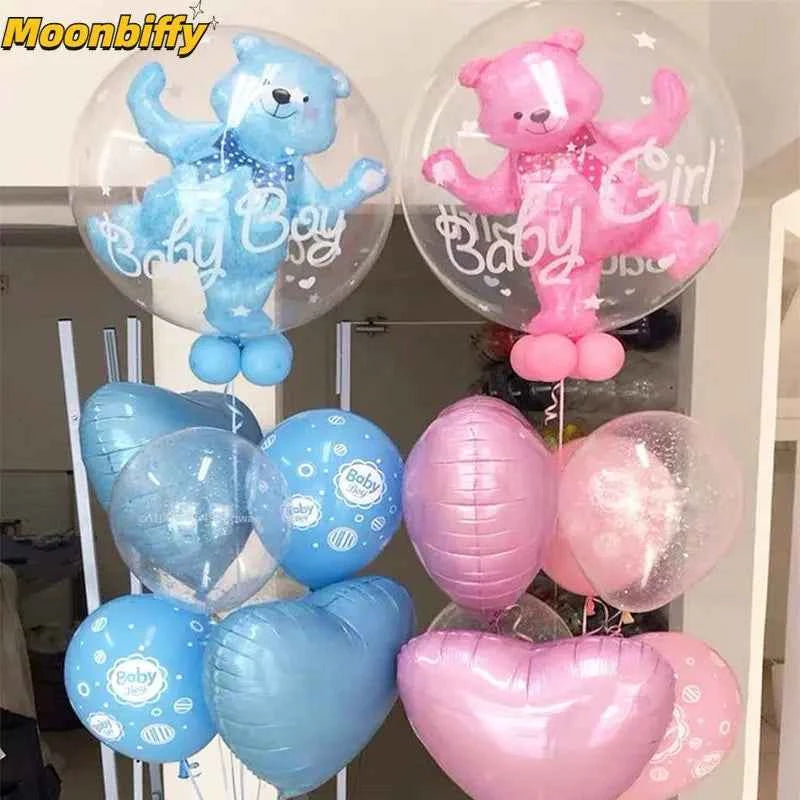 4D Transparent Baby Shower Boy Girl Bear Bubble Ball Kids 1st Birthday Party Blue Pink Helium Balloon Gender Reveal Decoration