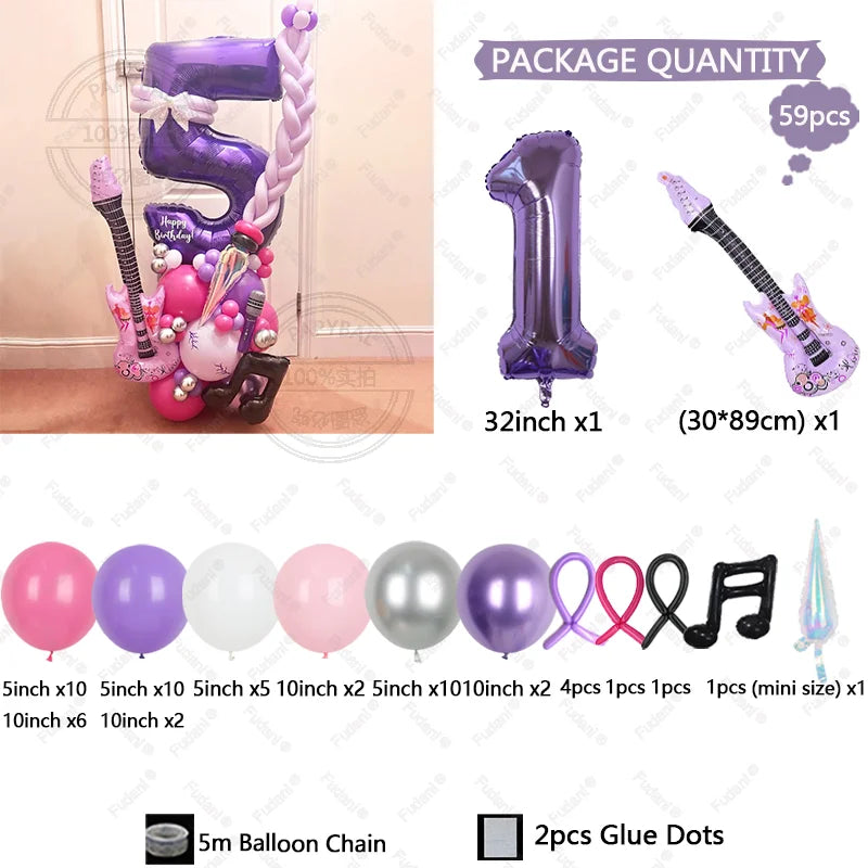 59pcs Guitar Balloon Purple Numbers 1-9 Birthday Balloon Set Music Theme Party Decoration Festival Photo Props Birthday Gift