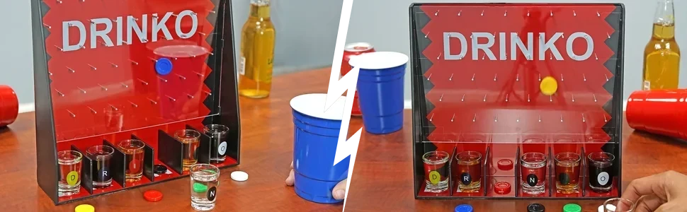 Drinko Drinking Game, Social Shot Glass Party Fun for Groups & Couples - Multicolor, Glass Shots, Durable Board with Metal Pegs