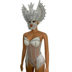 Rhinestone Fringe Bodysuit & Headpiece Set – Sparkly Rave Outfit, Gogo Dancer & Jazz Dance Costume for Women