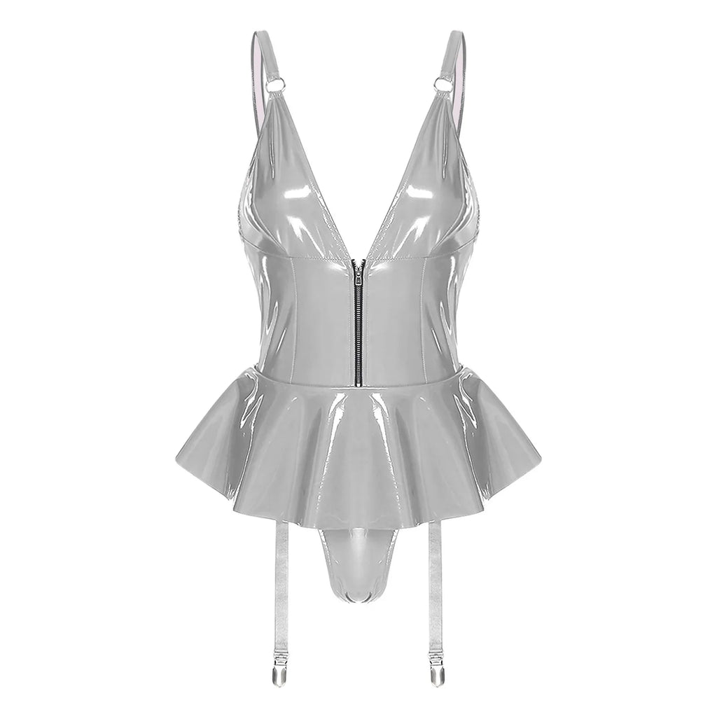 Glossy Wet-Look Halter Romper Bodysuit with Flared Skirt Hem & Integrated Garters