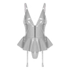 Glossy Wet-Look Halter Romper Bodysuit with Flared Skirt Hem & Integrated Garters