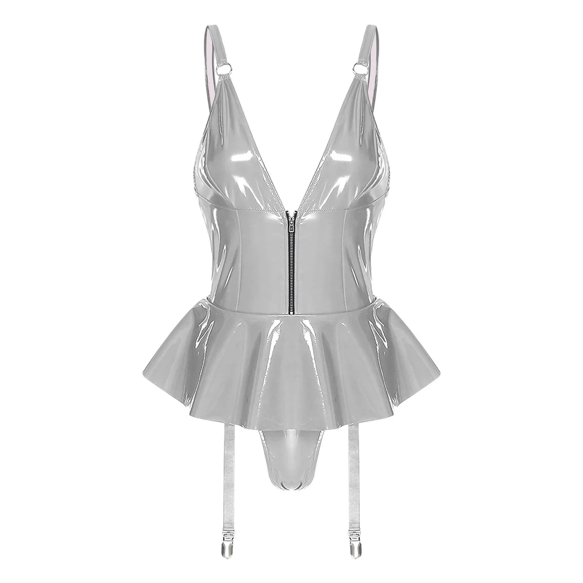 Glossy Wet-Look Halter Romper Bodysuit with Flared Skirt Hem & Integrated Garters