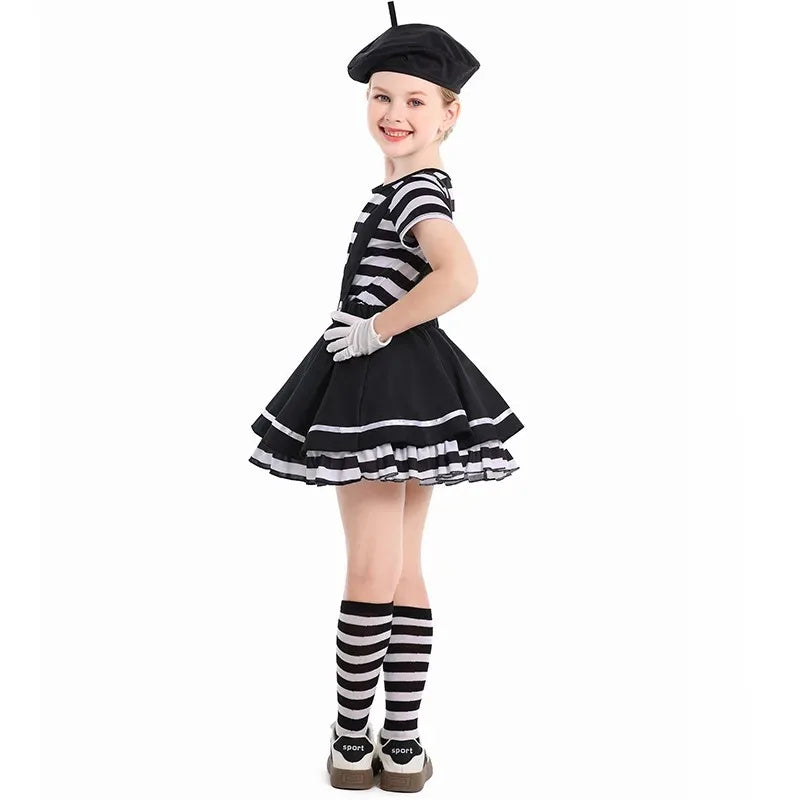 Girls Silent Actor Mime Artist Costume Funny Black White Clown Cosplay Dress for Halloween Carnival Party Outfits - Big Tim's Magic Emporium