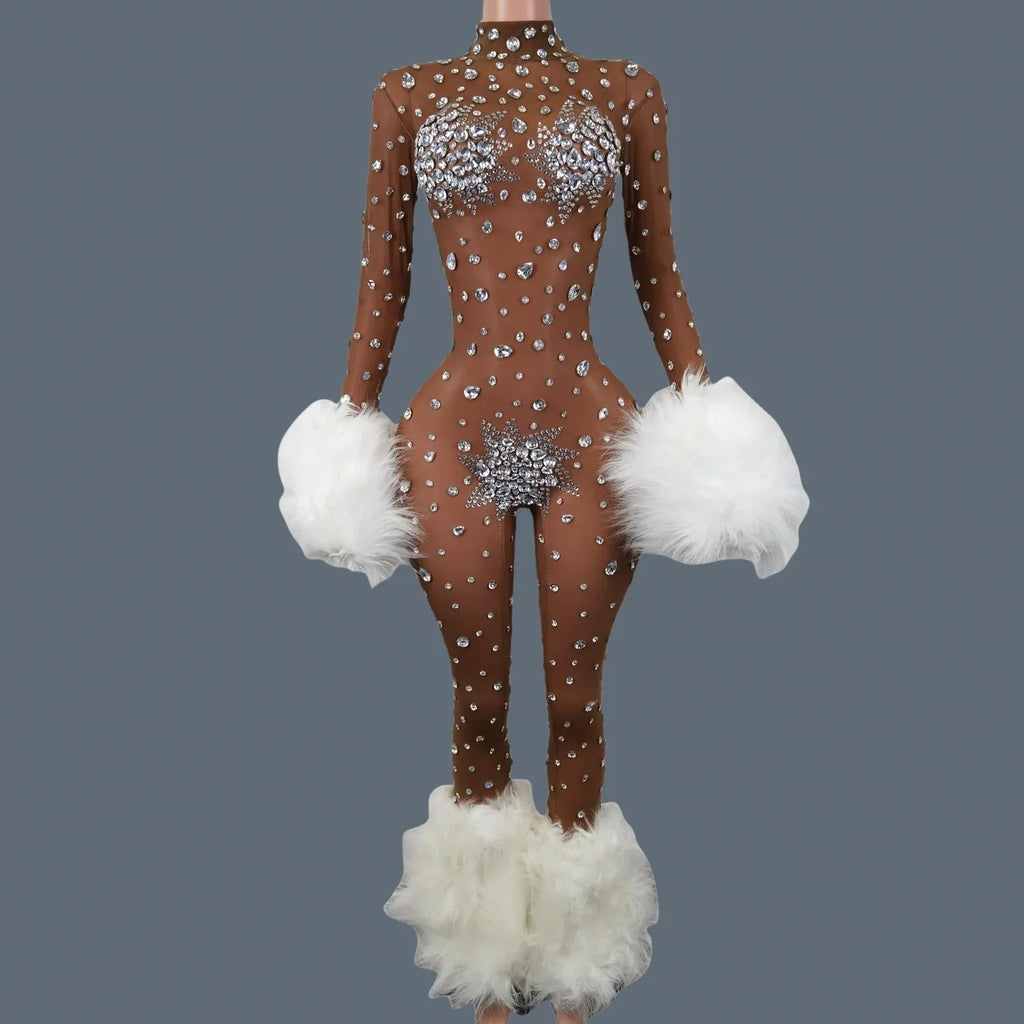 Sparkly Rhinestone & Feather Cuffed Jumpsuit Stage Performance Catsuit Costume