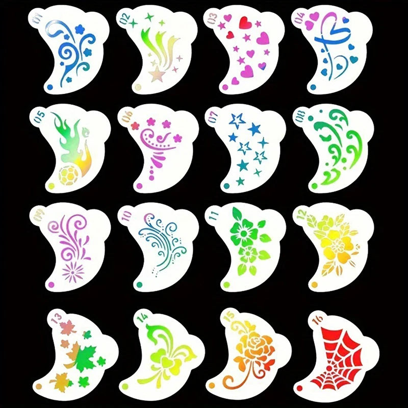 16Pcs Reusable Face Paint Stencils, DIY Body Art & Eyebrow Templates for Kids, Washable & Safe for Parties and Crafts