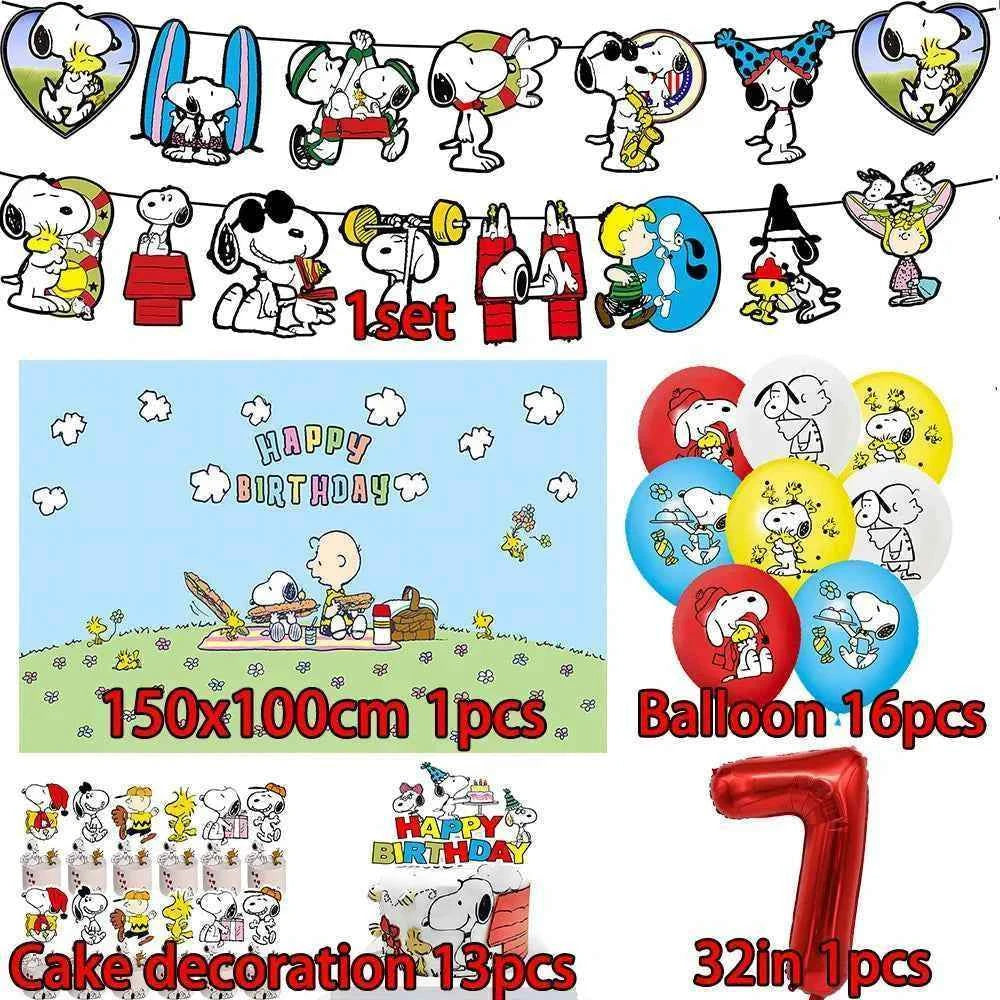 Cartoon Snoopys Birthday Decoration Set Banners Cake Toppers Balloons Backdrops Kids Birthday Gifts Baby Shower Party Supplies