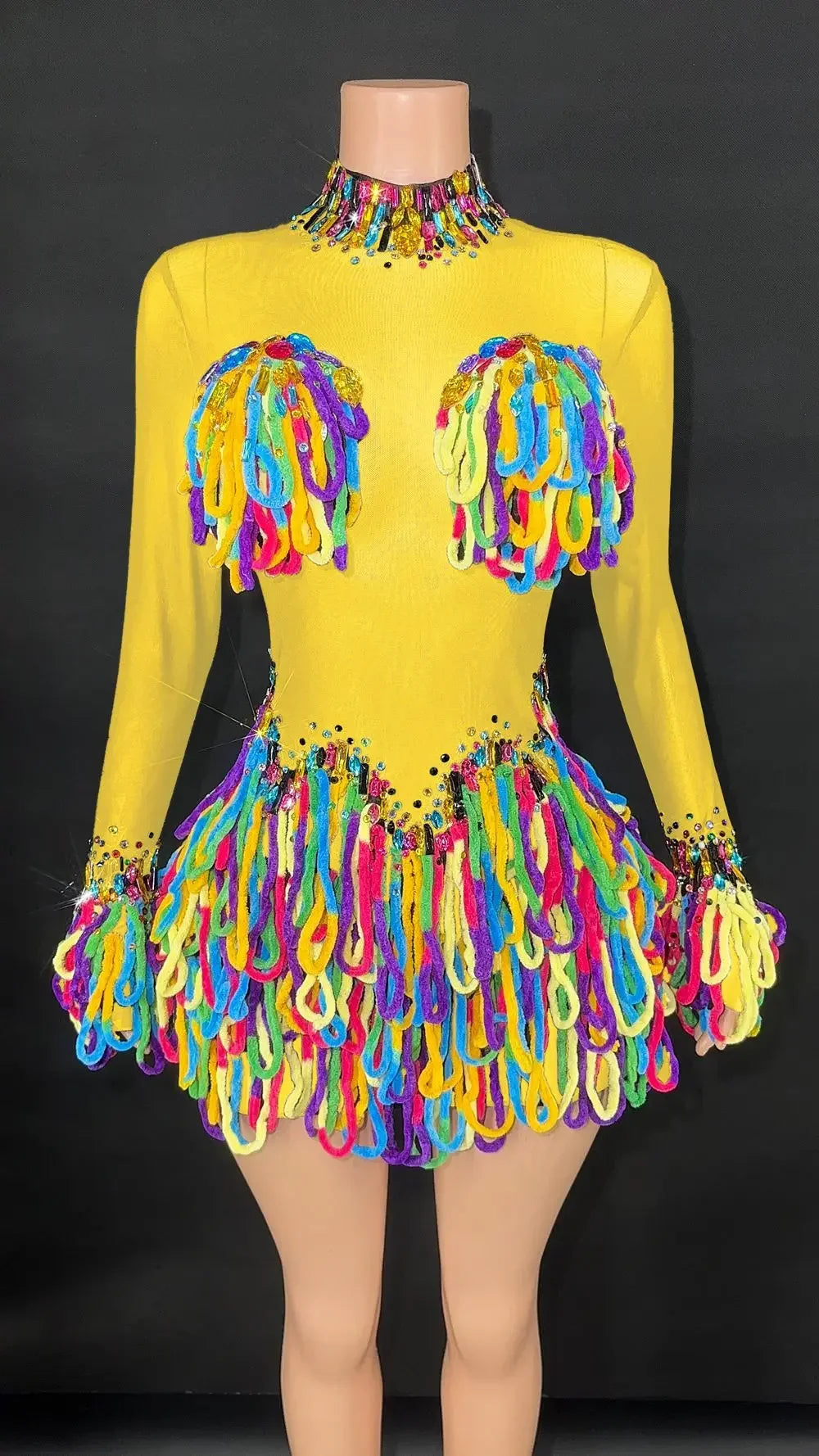 Rainbow Crystal Rhinestone Bodysuit Cascading Fringe Tassel Long-Sleeve Stage Costume