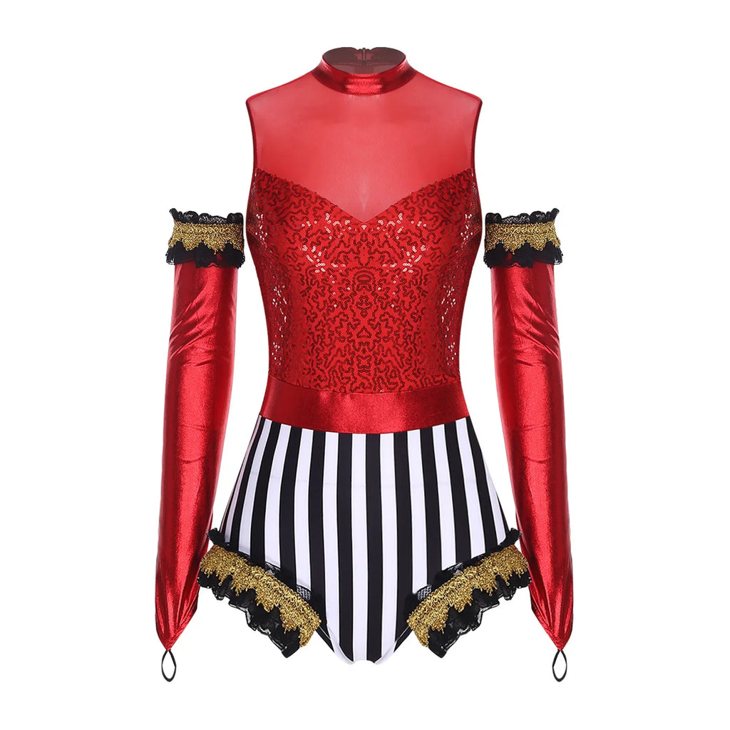 Circus Ringmaster Sequin Striped Bodysuit & Metallic Gloves 2-Piece Stage Costume Set