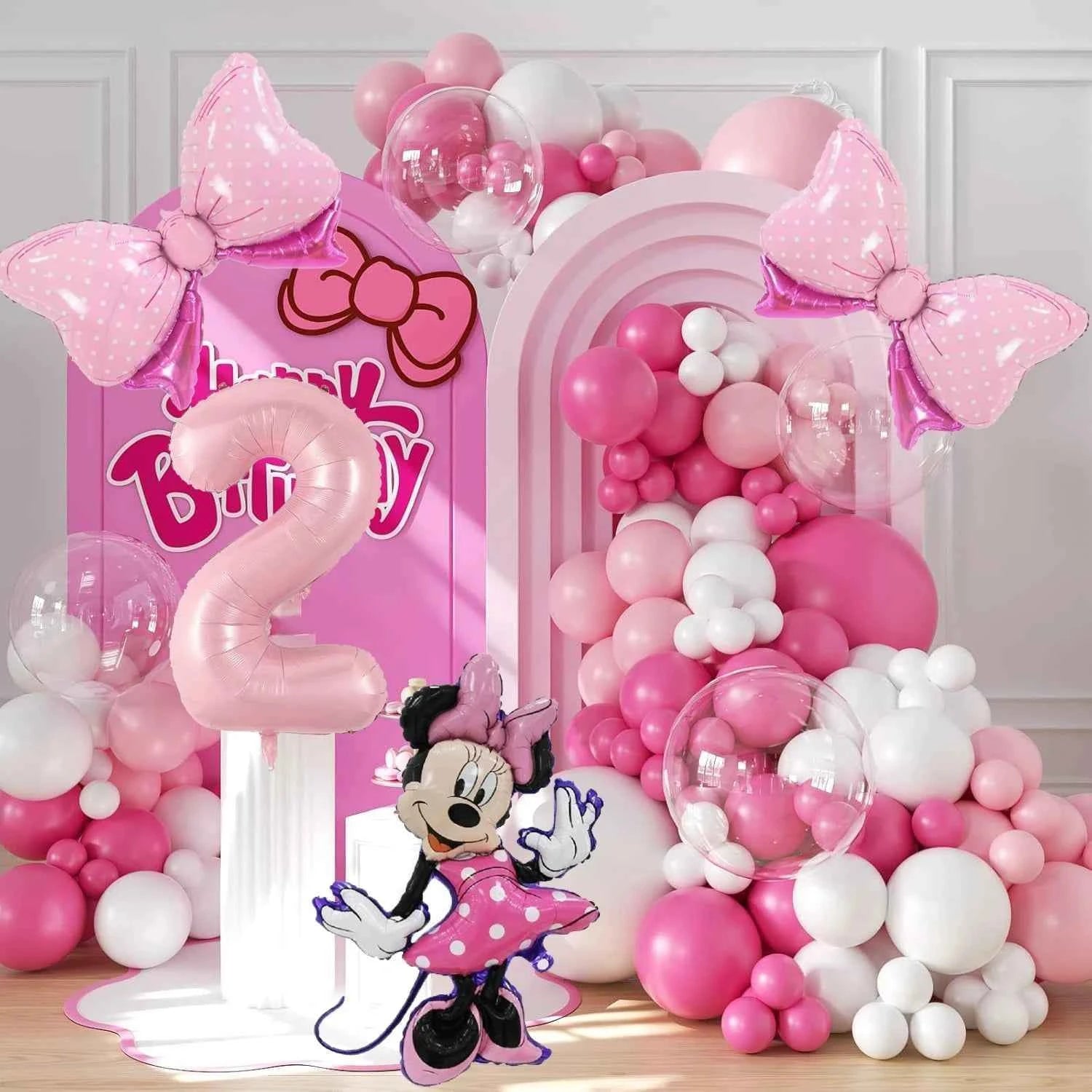 128PCS Minnie Mouse Pink Bow Aluminum Mold Balloon Garland Arch Set Girl Princess Birthday Party Baby Shower Decoration Supplies