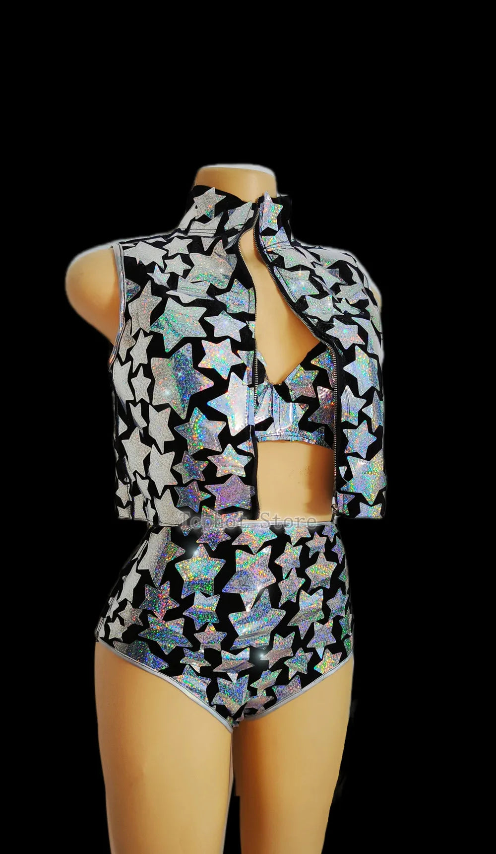 Silver Laser Star Sequin 3-Piece Showgirl Costume Set – Velvet Stage Performance Vest, Bra & Shorts