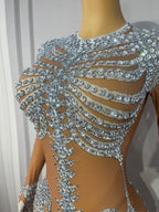 Fashion Skeleton Pattern Designed Shining Rhinestones Mesh Dress Women Halloween Party Celebrate Show Stage Outfit