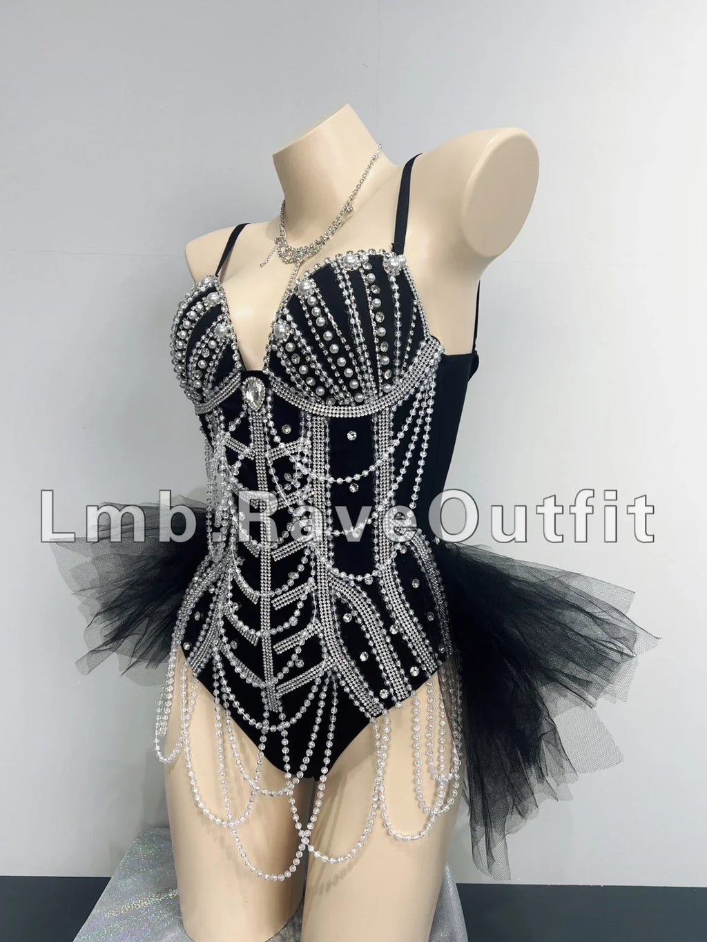 Black Beaded Chain Fringe Showgirl Bodysuit – Glamour Stage & Festival Performance Costume