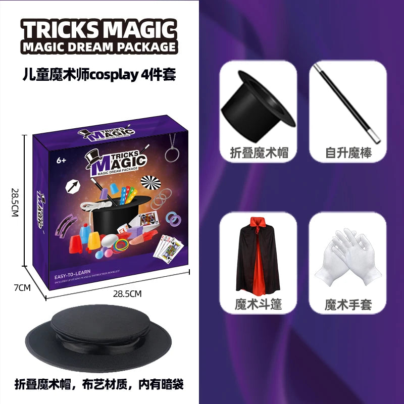 Children's Magician Cosplay Set with Magic Hats Sticks Versatile Cards Props Poker for Birthday Performance And Halloween