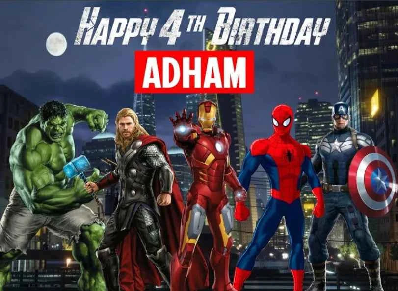 Customized Photography Studio Props Cartoon Superhero City Background Fecoration Children's Happy Birthday Outdoor Party Banner
