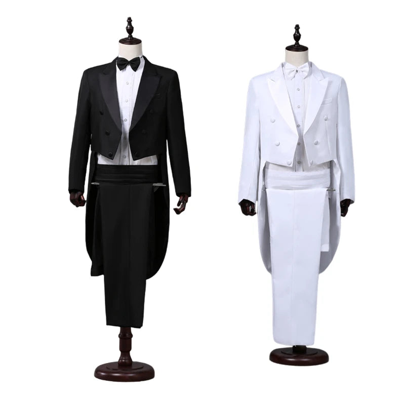 Tailcoat Suits Men Vest Jacket White Tail Coat Chorus Tuxedo Floral Stage Costume Singer Performer Magician Host Outfits - Big Tim's Magic Emporium