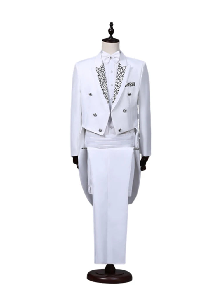 Tailcoat Suits Men Vest Jacket White Tail Coat Chorus Tuxedo Floral Stage Costume Singer Performer Magician Host Outfits - Big Tim's Magic Emporium