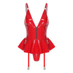 Glossy Wet-Look Halter Romper Bodysuit with Flared Skirt Hem & Integrated Garters