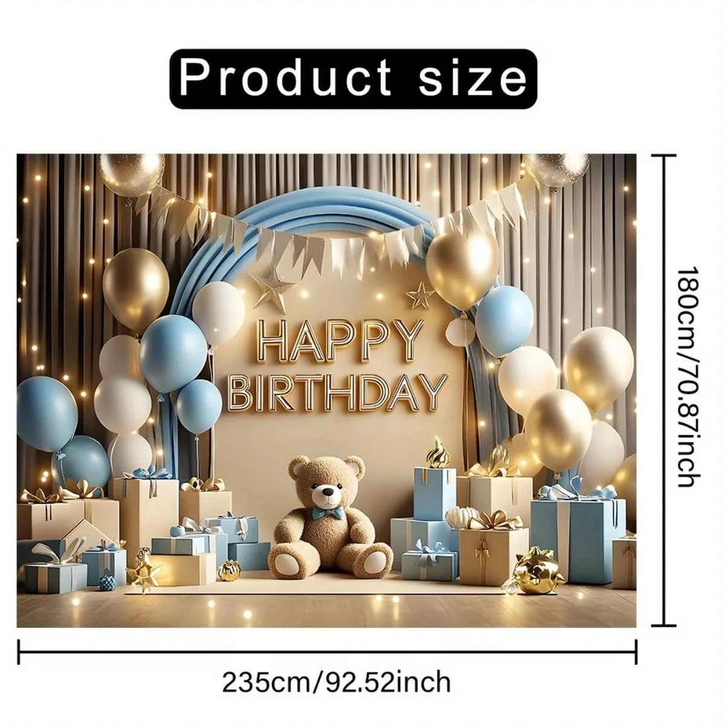 1 "Happy Birthday" background banner - a vibrant party decoration featuring balloons, gift boxes and teddy bear designs