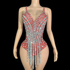 Sparkly Rhinestone Sequin Tassel Bodysuit Stage Performance Dance Leotard