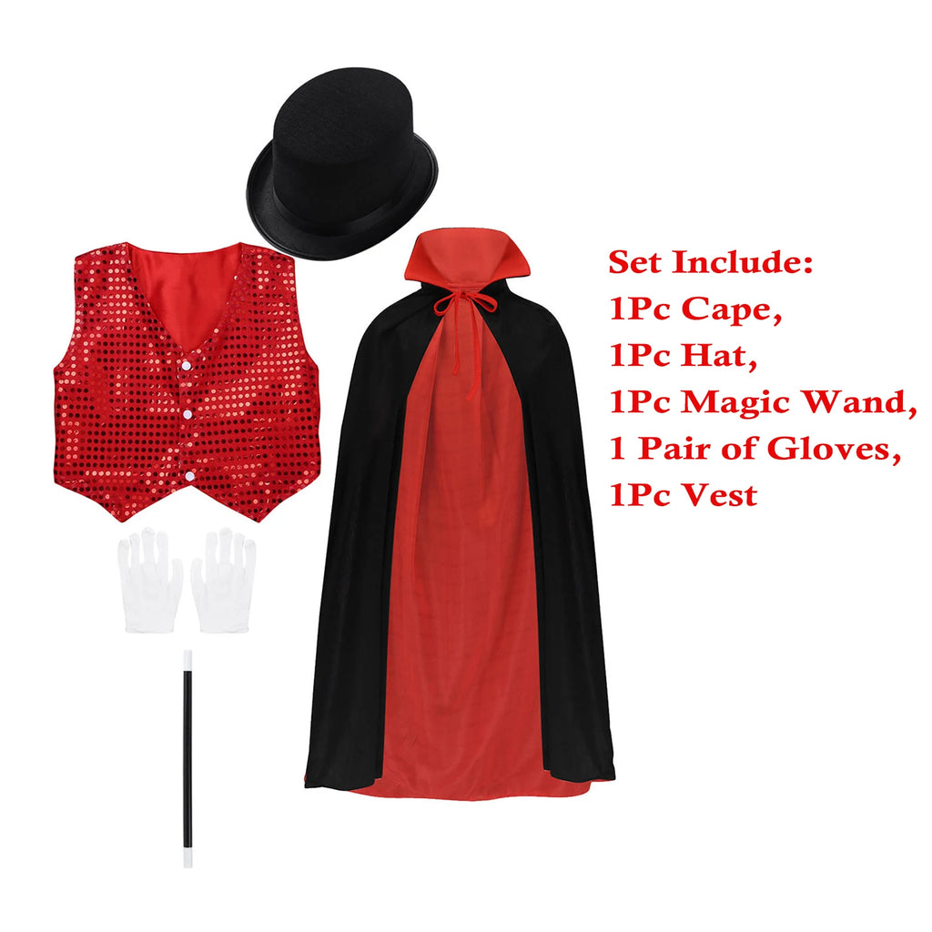 Children Magician Costume Kids Toy Kit Set for Boys Girls Waistcoat Cape Hat Magic Wand Gloves Outfits for Magic Tricks Show - Big Tim's Magic Emporium