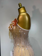 Colorful Rhinestone Pearl Sheer Dress & Two-Piece Mini Skirt Set Celebration Outfit