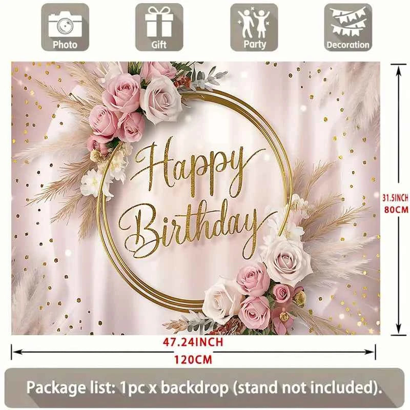 Happy Birthday Party Banner | Multi colored background with floral and gold glitter accents | Elegant Pink