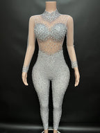 Women's Rhinestone Mesh Jumpsuit | Sheer Party & Stage Outfit