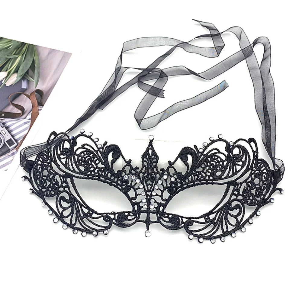 Makeup Ball Hollow Lace Face Mask With Ribbon Princess Masquerad Cosplay Prom Props Costume Female Sexy Diamonds Eye Mask