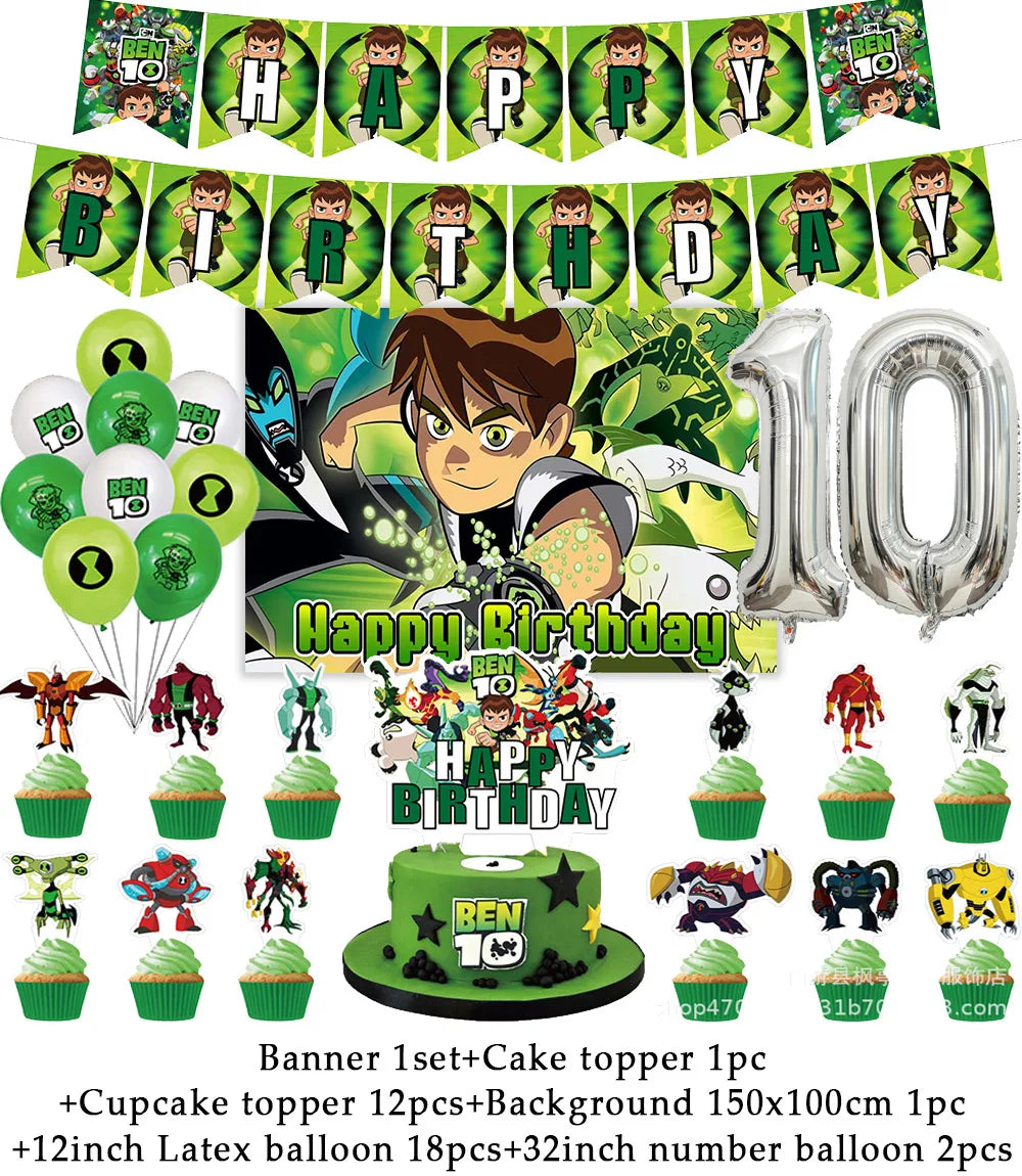 Cartoon Ben-10 Birthday Party Decoration Balloons Favor Set Banner Cake Toppers Baby Shower Boys Gift Party Supplies Photo Prop