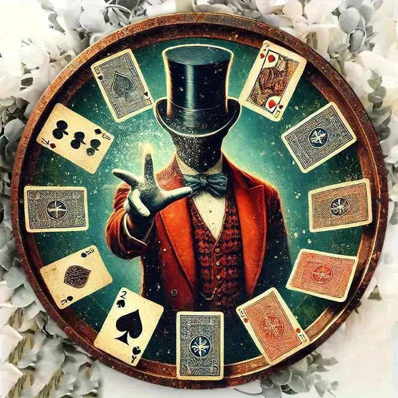 2D Flat, 1pc Vintage Magic Show Metal Wall Plaque - 7.8" Round Aluminum Art with Mysterious Wizard & Playing Cards Design, Durab