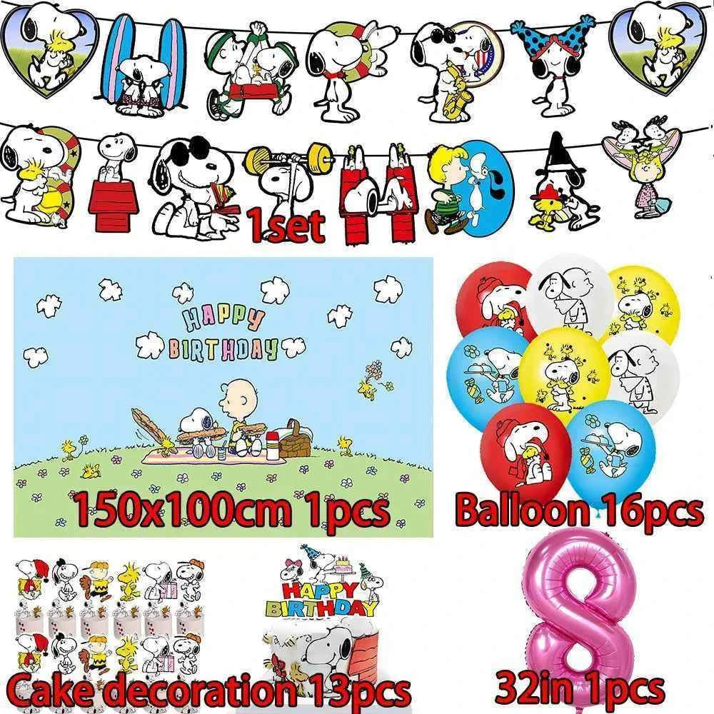 Cartoon Snoopys Birthday Decoration Set Banners Cake Toppers Balloons Backdrops Kids Birthday Gifts Baby Shower Party Supplies