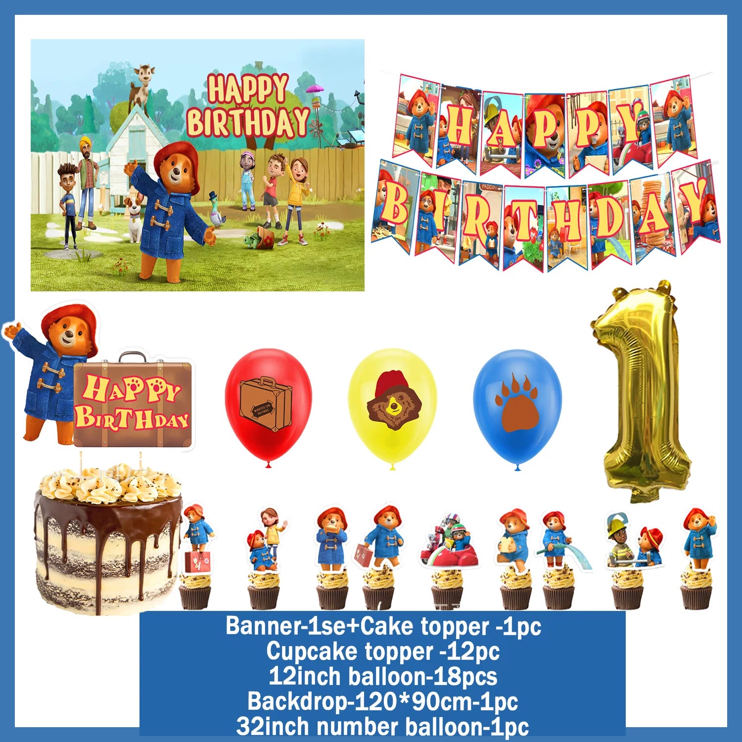 Cartoon&Paddingtons Party Supplies Happy Birthday Banner Bears Balloons Cupcake Toppers Backdrop Kids Birthday Baby Shower Gift