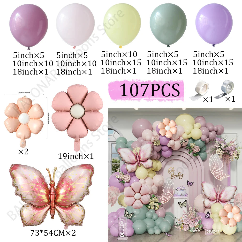 107Pcs Butterfly Daisy Balloon Garland Kit Twilight Green Purple Balloon Birthday Wedding  Party Decoration Baby Shower Supplies