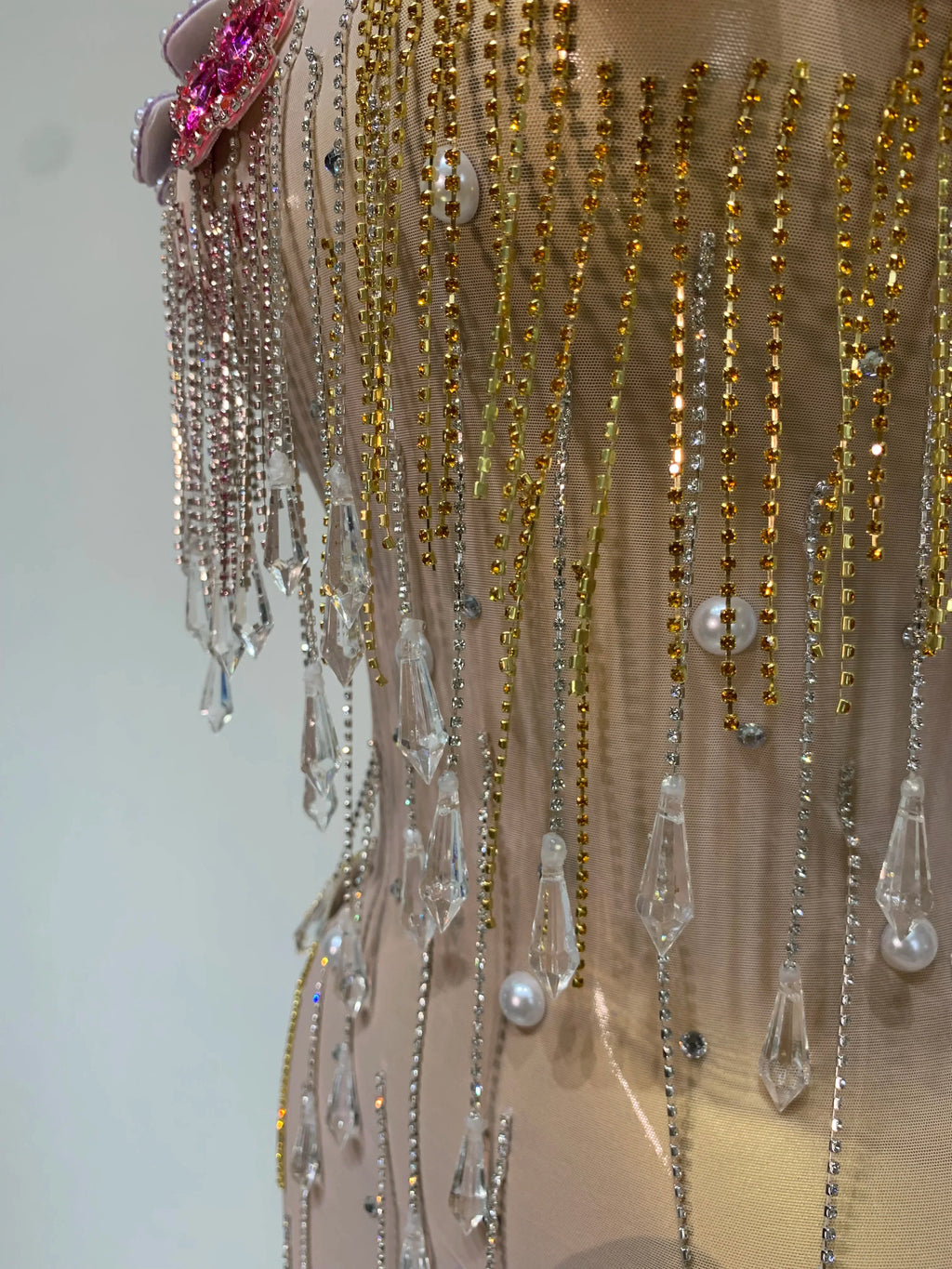 Colorful Rhinestone Pearl Sheer Dress & Two-Piece Mini Skirt Set Celebration Outfit