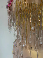 Colorful Rhinestone Pearl Sheer Dress & Two-Piece Mini Skirt Set Celebration Outfit