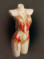 Sequin Fringe Halter Bodysuit – Sexy Hollow-Out Pole Dance & Rave Costume