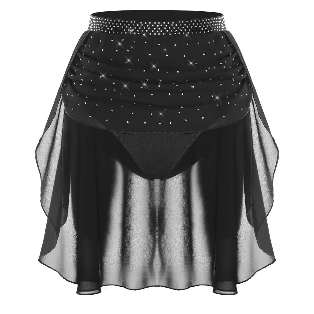 Womens Modern Lyrical Dance Skirt Performance Costume Sparkly Rhinestone Irregular Chiffon Hem Built-in Briefs Skirt Dancewear