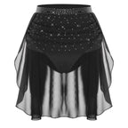Womens Modern Lyrical Dance Skirt Performance Costume Sparkly Rhinestone Irregular Chiffon Hem Built-in Briefs Skirt Dancewear