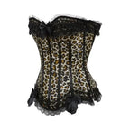 Leopard Satin Overbust Corset Lace Bowknot Clubwear Showgirl Body Shaper