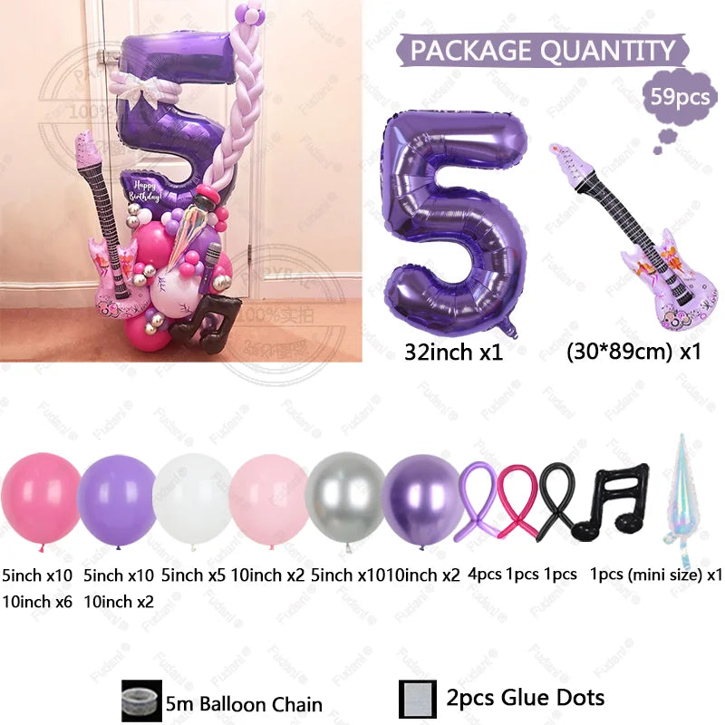 59pcs Guitar Balloon Purple Numbers 1-9 Birthday Balloon Set Music Theme Party Decoration Festival Photo Props Birthday Gift