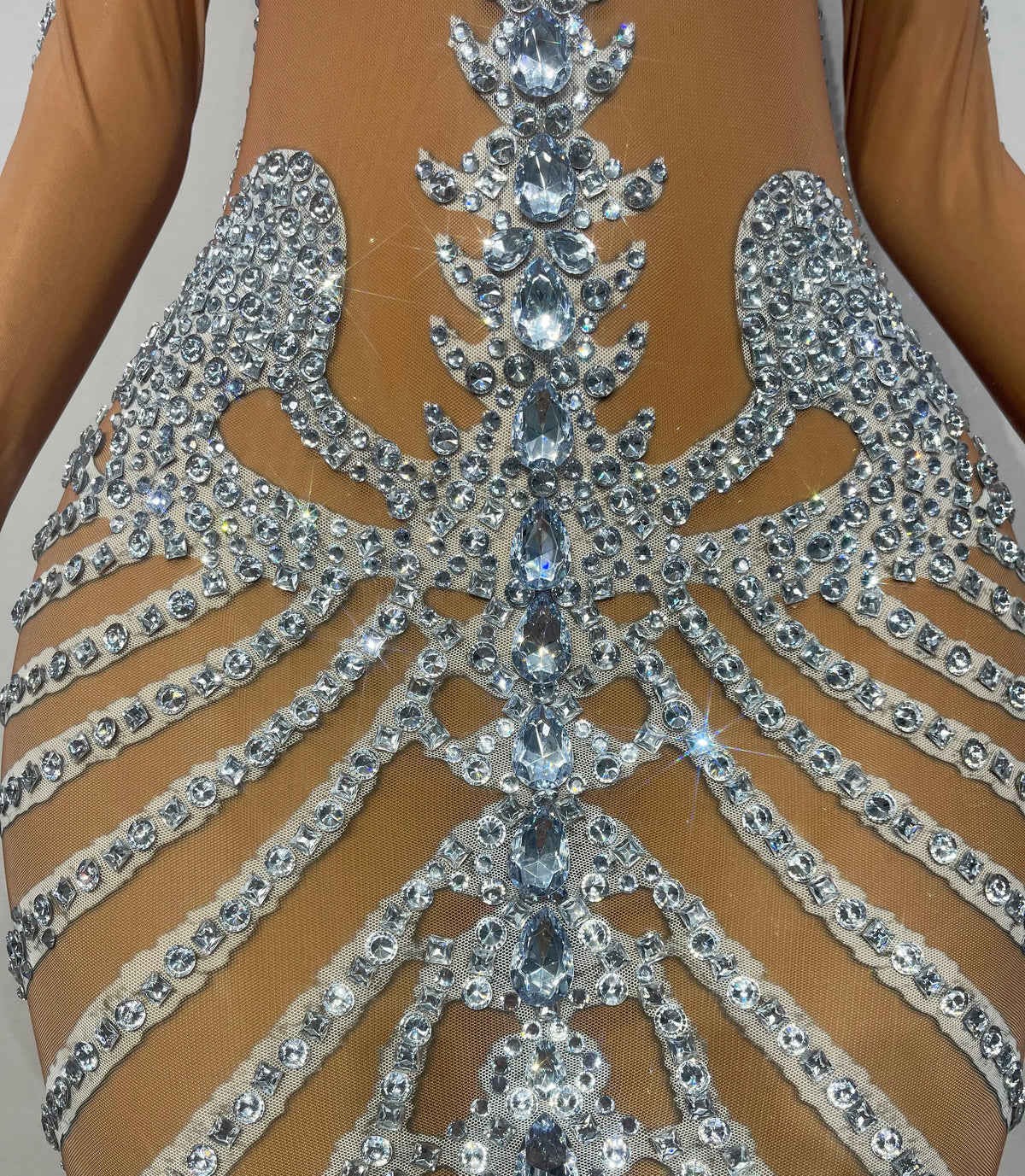 Fashion Skeleton Pattern Designed Shining Rhinestones Mesh Dress Women Halloween Party Celebrate Show Stage Outfit
