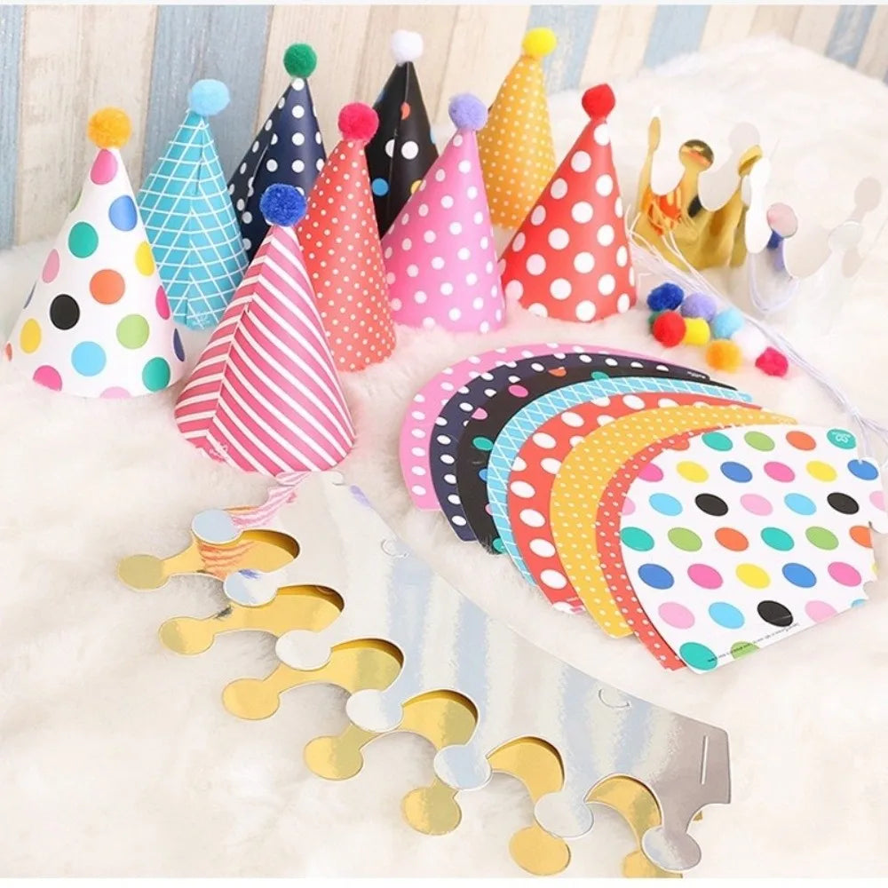 Polka Dot Birthday Party Hats Colorful Paper Party Cone Hats with Pom Poms DIY Handmade Birthday Crown Hat Birthday Photo Props - Big Tim's Magic Emporium