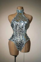 Silver Mirror Asymmetrical Bodysuit, Sculpted Captain Hat & Puffer Bolero Coat 3-Piece Stage Costume Set